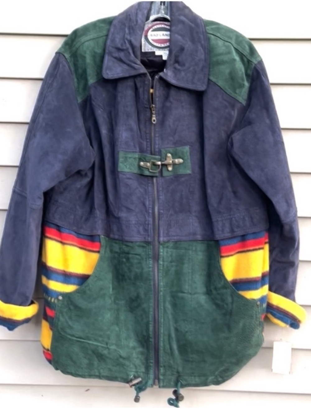 Vintage suede leather coat color block wins medium NOS - Picture 1 of 5